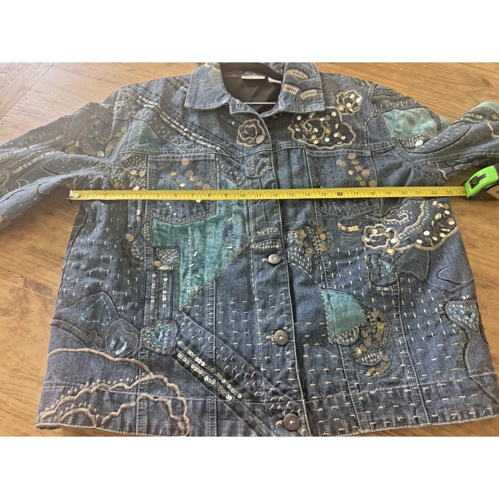 Chico's 3 Denim Jacket Cotton Blue Patchwork Embroidery Sequin Work Stunning - Picture 5 of 8
